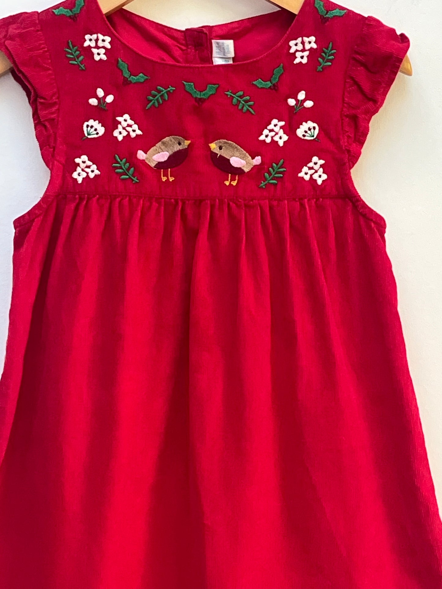 JoJo Maman Bebe 18-24 Months - Red Fine needlecord Dress with Robin Applique