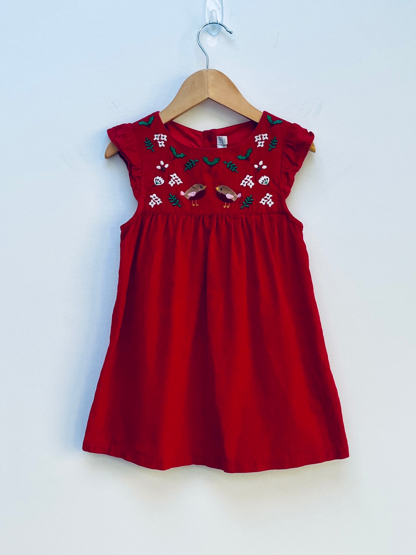 JoJo Maman Bebe 18-24 Months - Red Fine needlecord Dress with Robin Applique