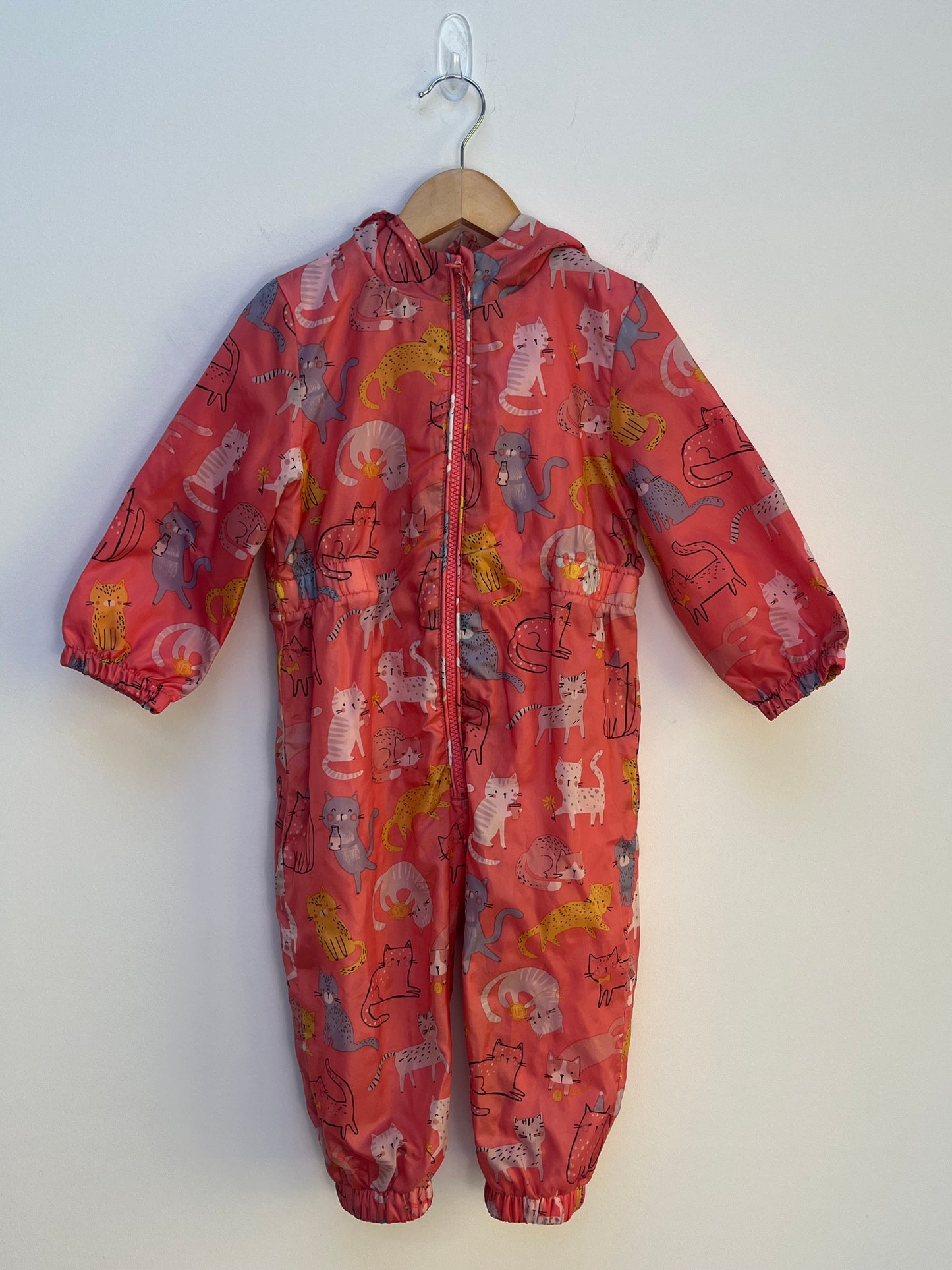 Tu 12-18 Months - Fleece Lined Puddlesuit with Cat Pattern