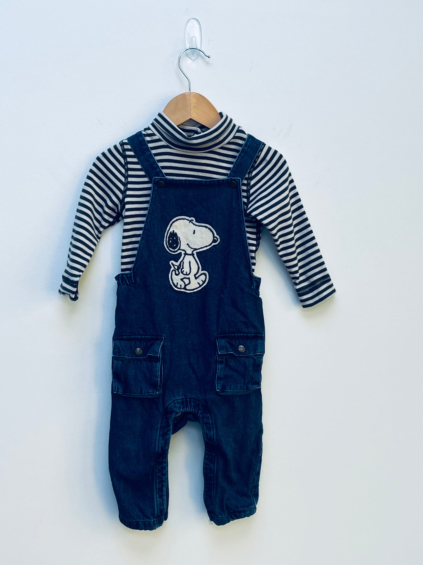 M&S 9-12 Months - 2 Piece Set Dungaree with Snoopy Appliqué