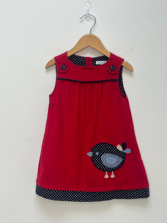 JoJo Maman Bebe 2-3 Years - Red & Navy Pinafore Dress with Bird Applique