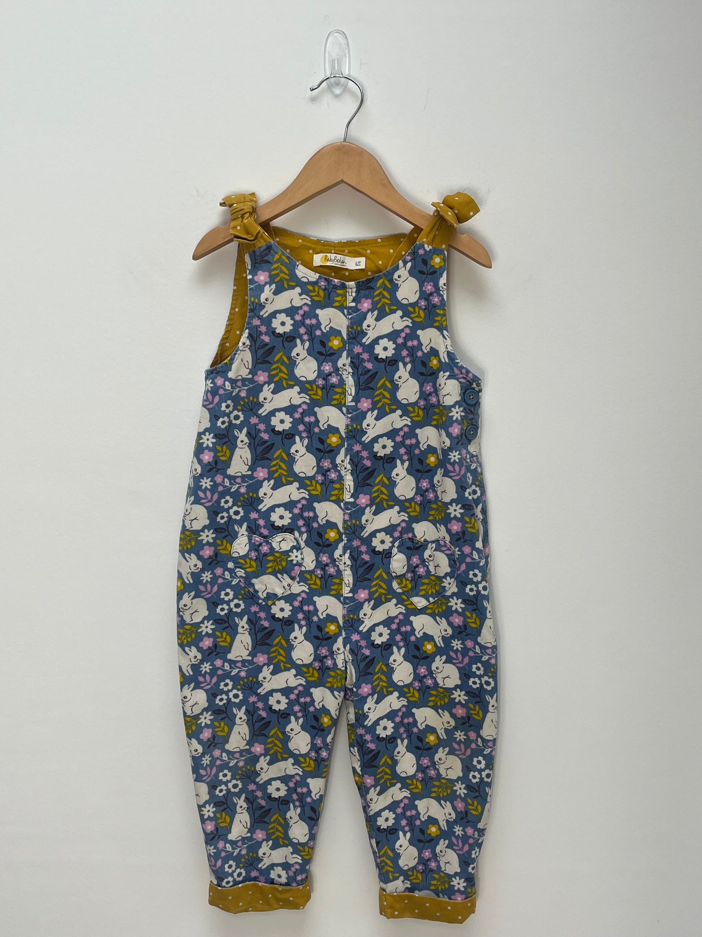 Baby Boden 2-3 Years - Blue Rabbit Patterned Fine Cord Dungaree with Mustard Lining