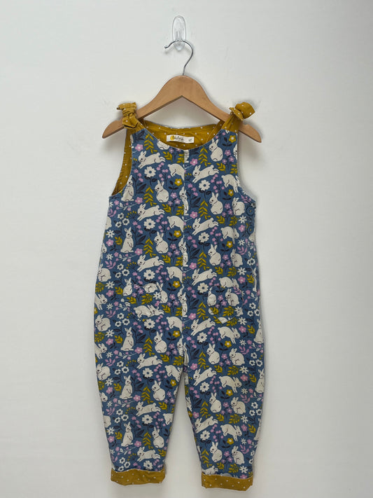 Baby Boden 2-3 Years - Blue Rabbit Patterned Fine Cord Dungaree with Mustard Lining