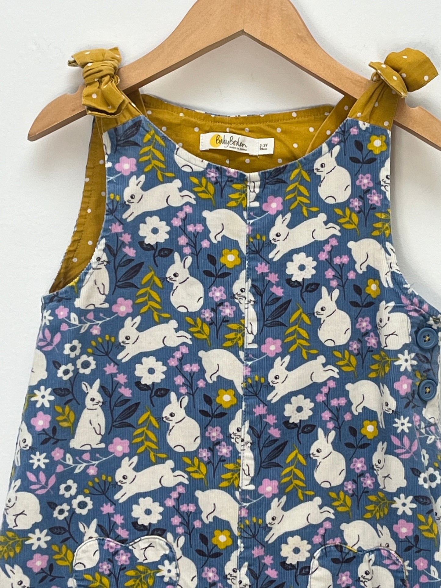 Baby Boden 2-3 Years - Blue Rabbit Patterned Fine Cord Dungaree with Mustard Lining