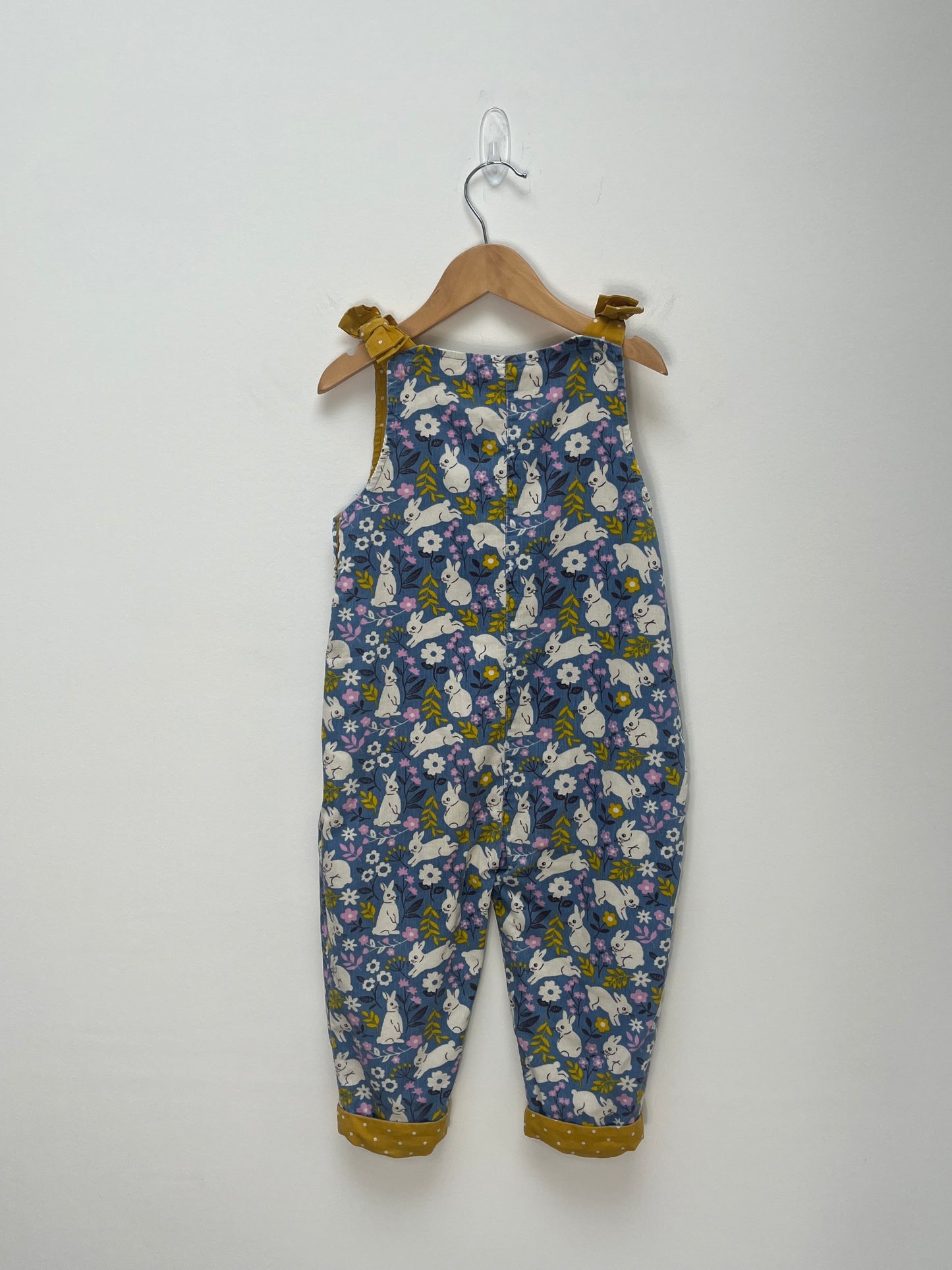 Baby Boden 2-3 Years - Blue Rabbit Patterned Fine Cord Dungaree with Mustard Lining