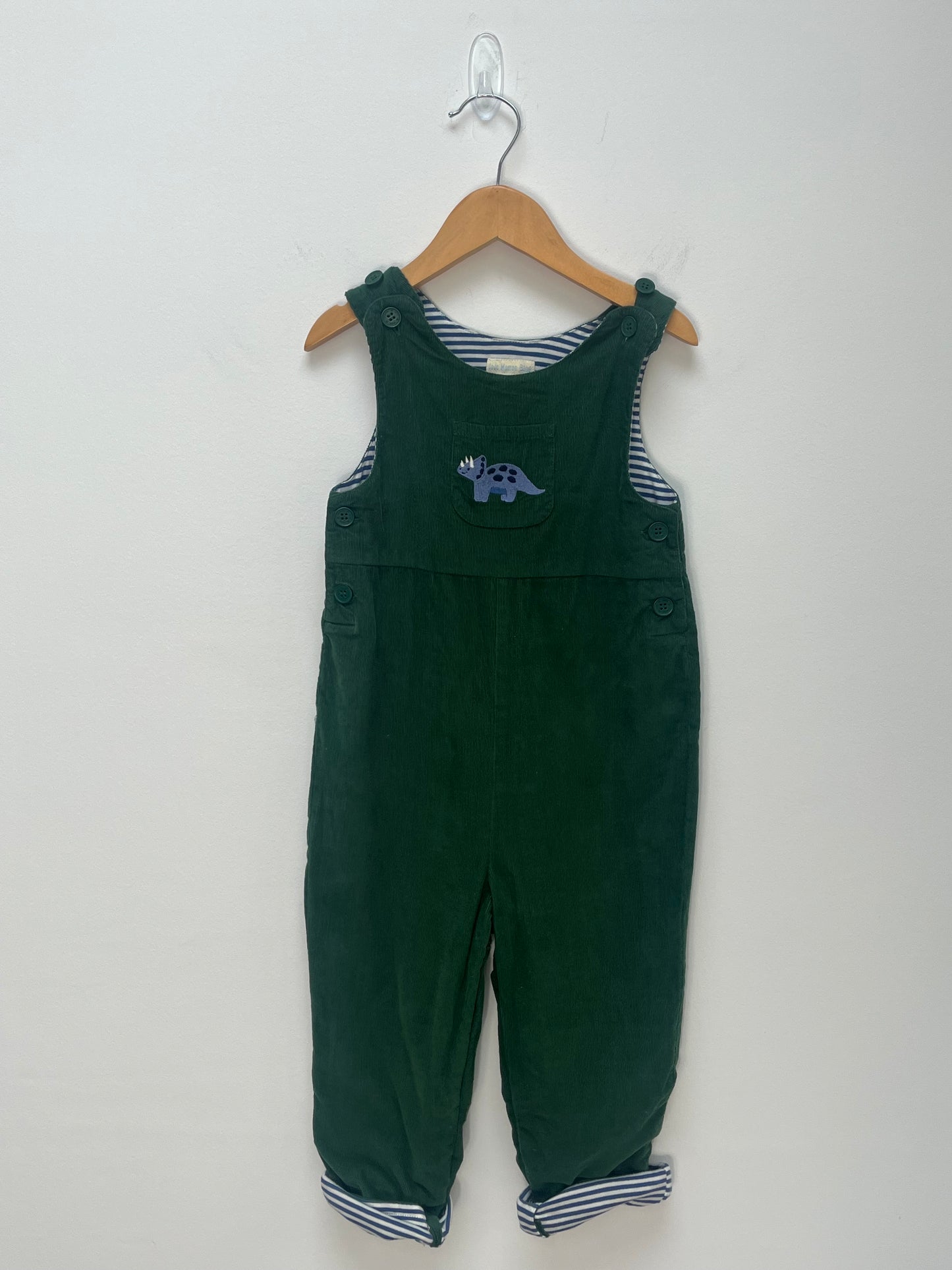 JoJo Maman Bebe 2-3 Years - NEW Green Fine Cord Dungarees with Dinosaur Applique