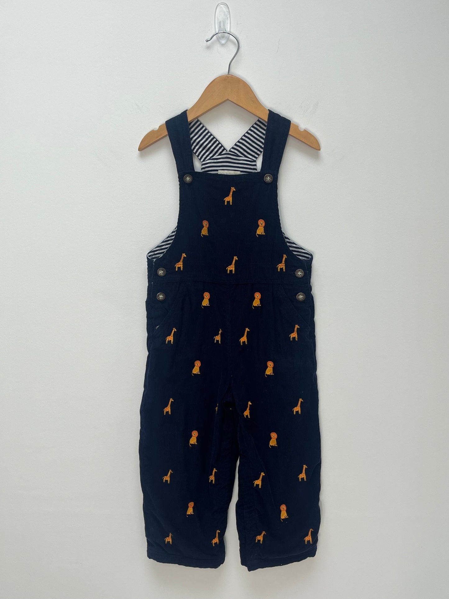 JoJo Maman Bebe 2-3 Years - Navy Fine Cord Dungarees with Lion & Giraffe Embroidery