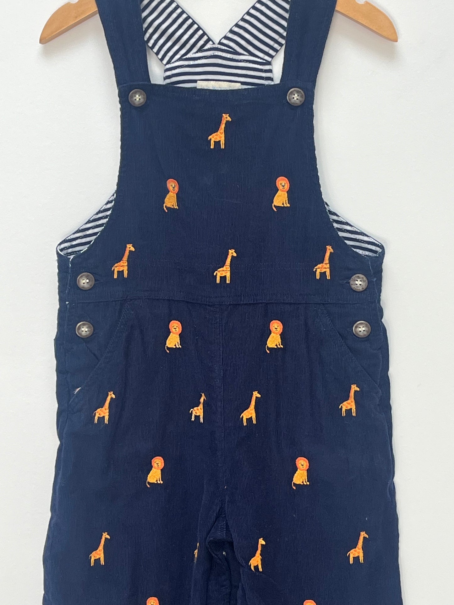 JoJo Maman Bebe 2-3 Years - Navy Fine Cord Dungarees with Lion & Giraffe Embroidery