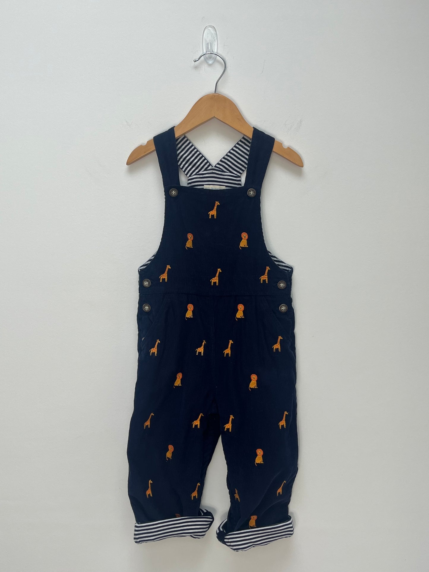 JoJo Maman Bebe 2-3 Years - Navy Fine Cord Dungarees with Lion & Giraffe Embroidery