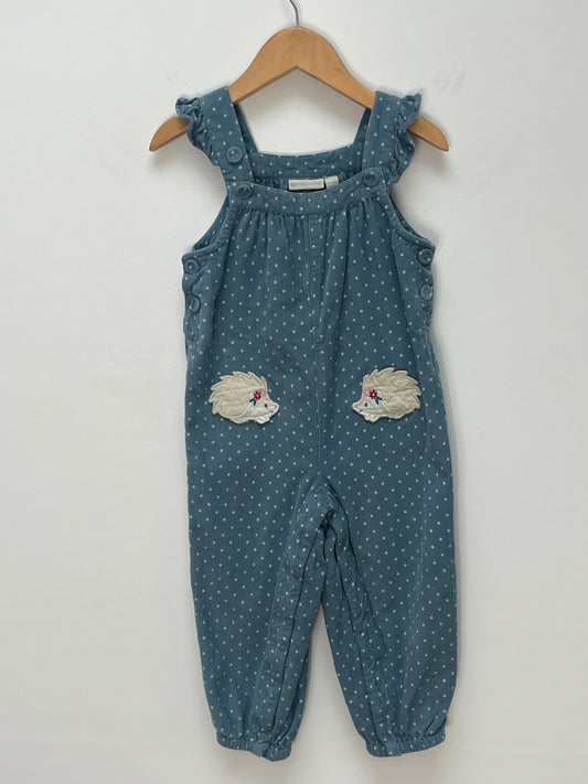 JoJo Maman Bebe 18-24 Months - Blue Fine Cord Dungarees with Hedgehog Appliques