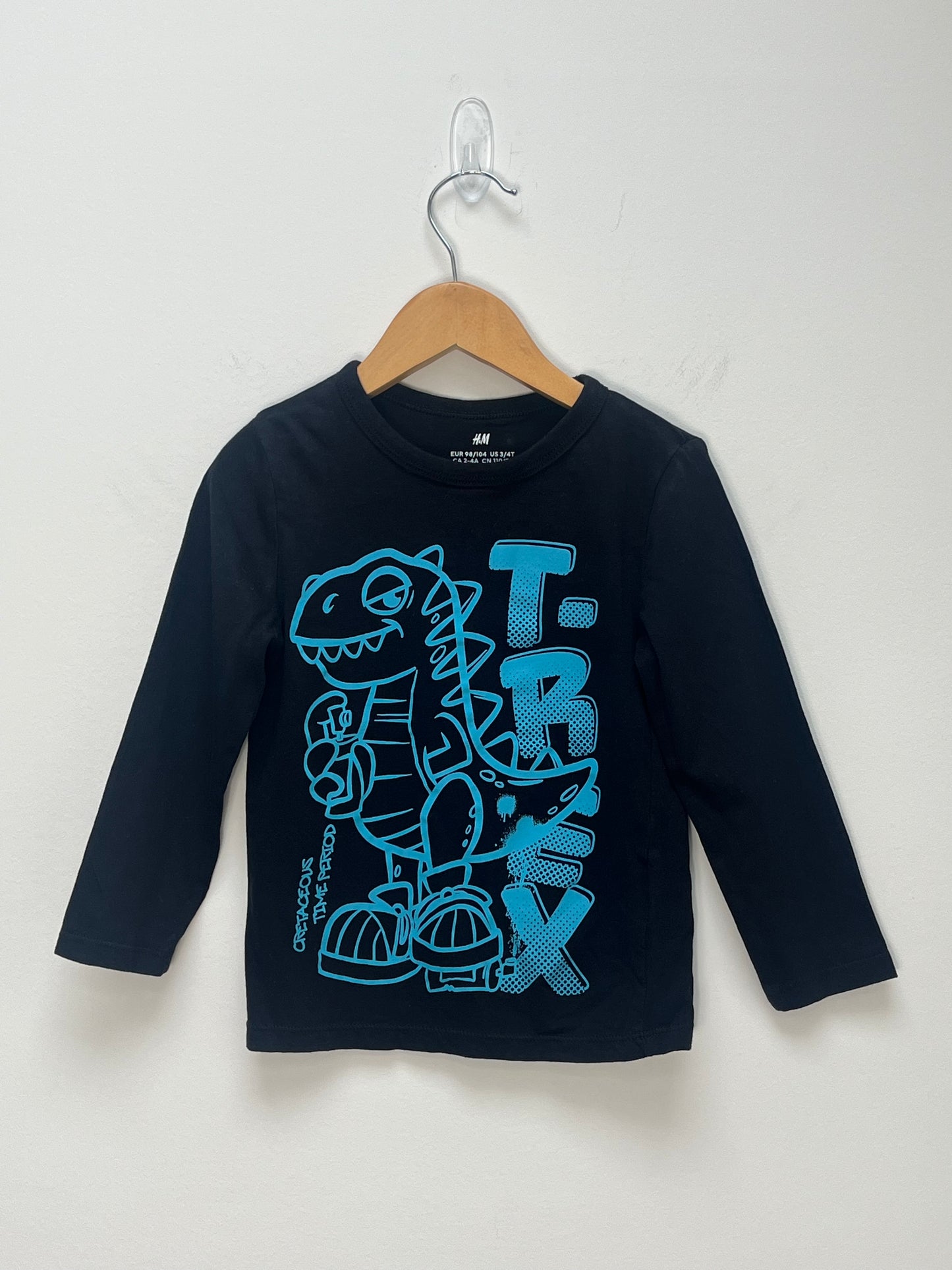 H&M 2-4 Years - Long Sleeved Black Top with Blue Print Dinosaur